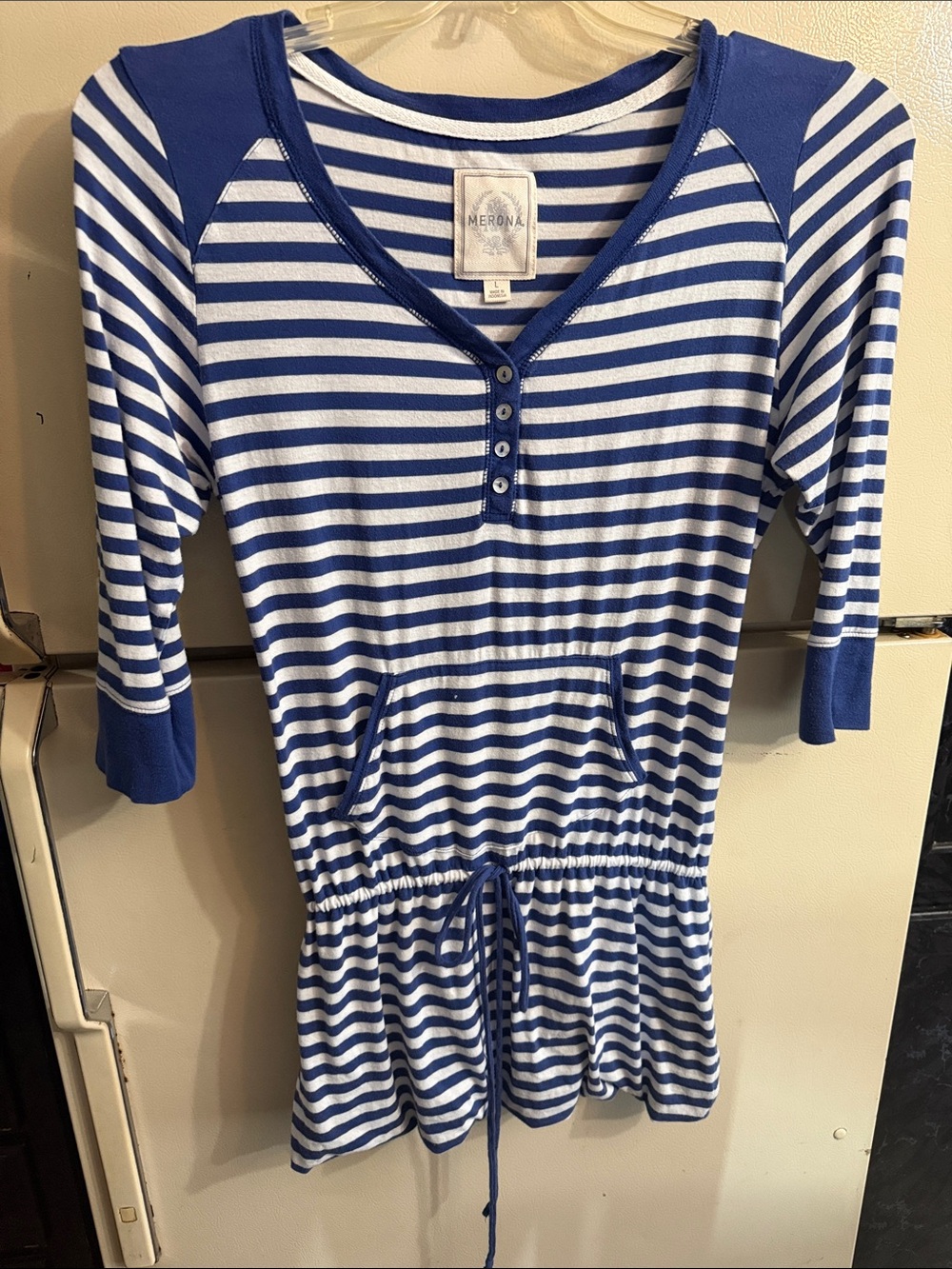 Merona Royal Blue and White Striped Henley Drawstring Tunic
